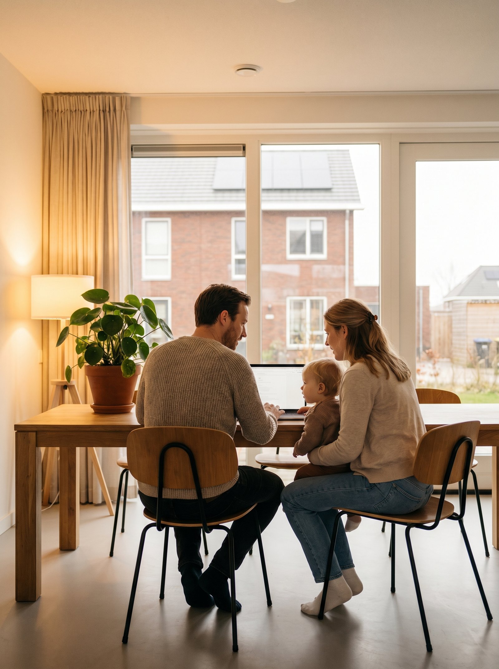 Nederlands gezin aan tafel kijkend naar laptop met energierapport — methodiek-validatie