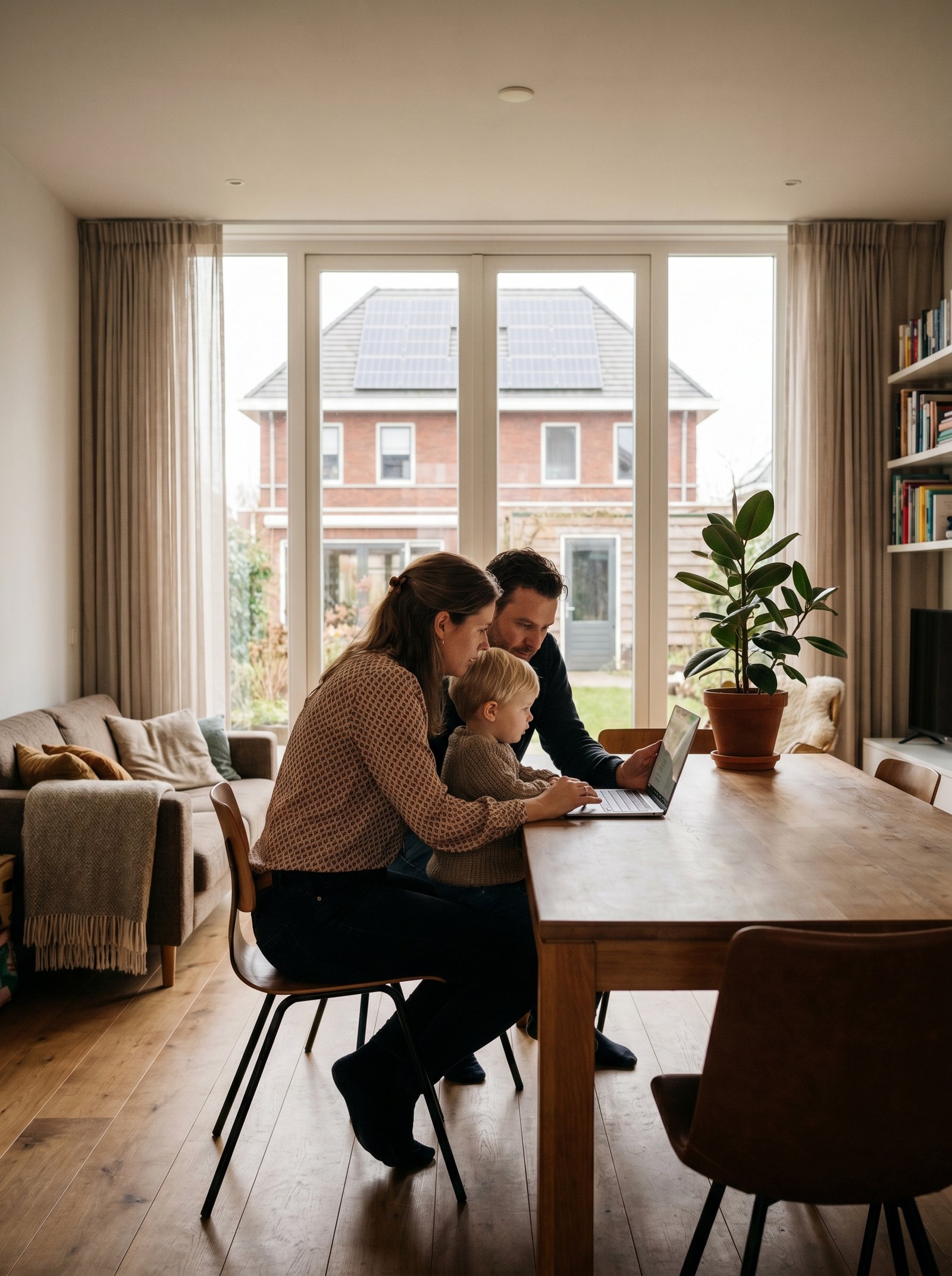 Nederlands gezin aan tafel kijkt naar laptop met energie-rapport