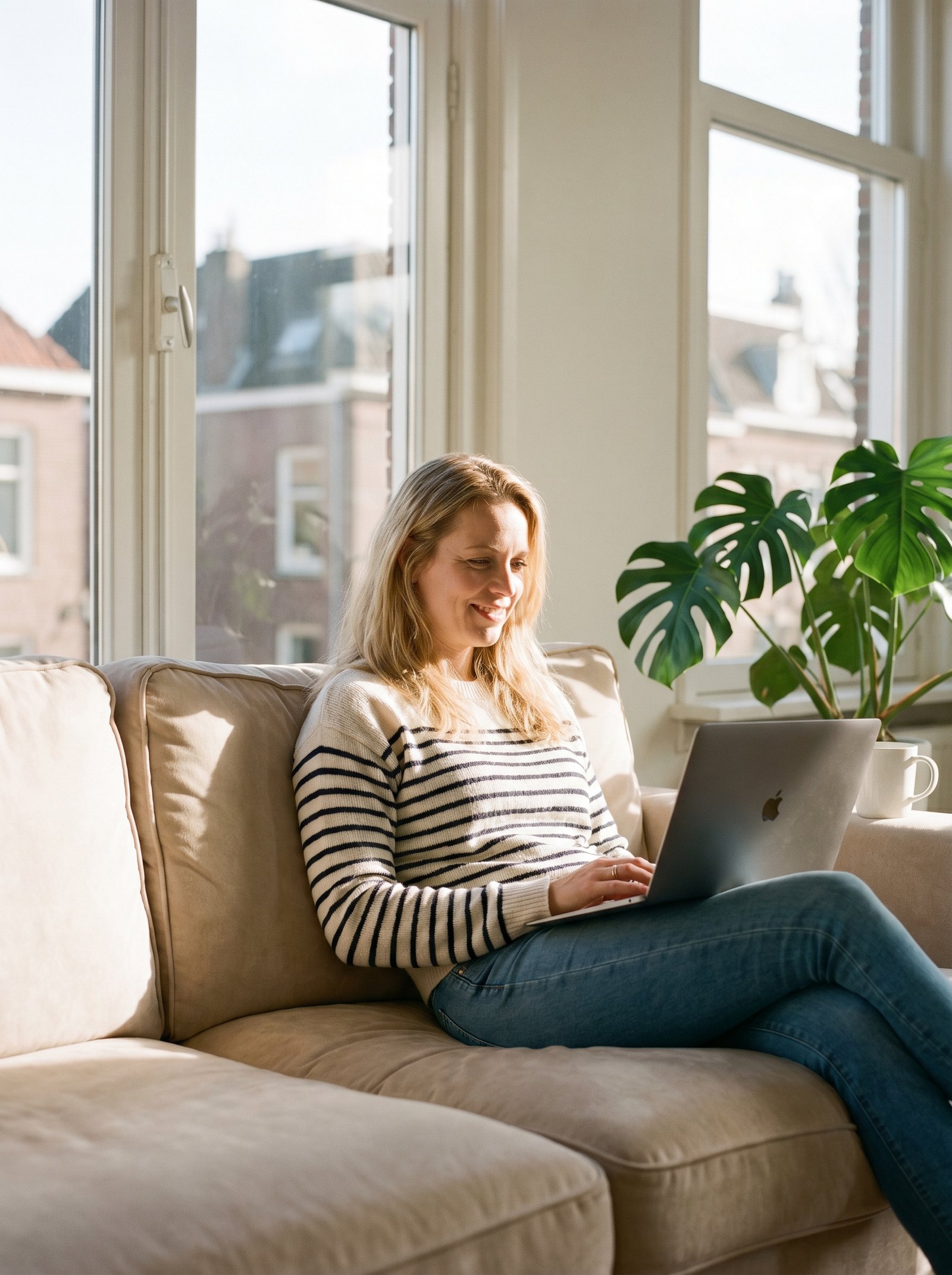 Vrouw met laptop op bank in lichte woonkamer — persoonlijk energierapport bekijken