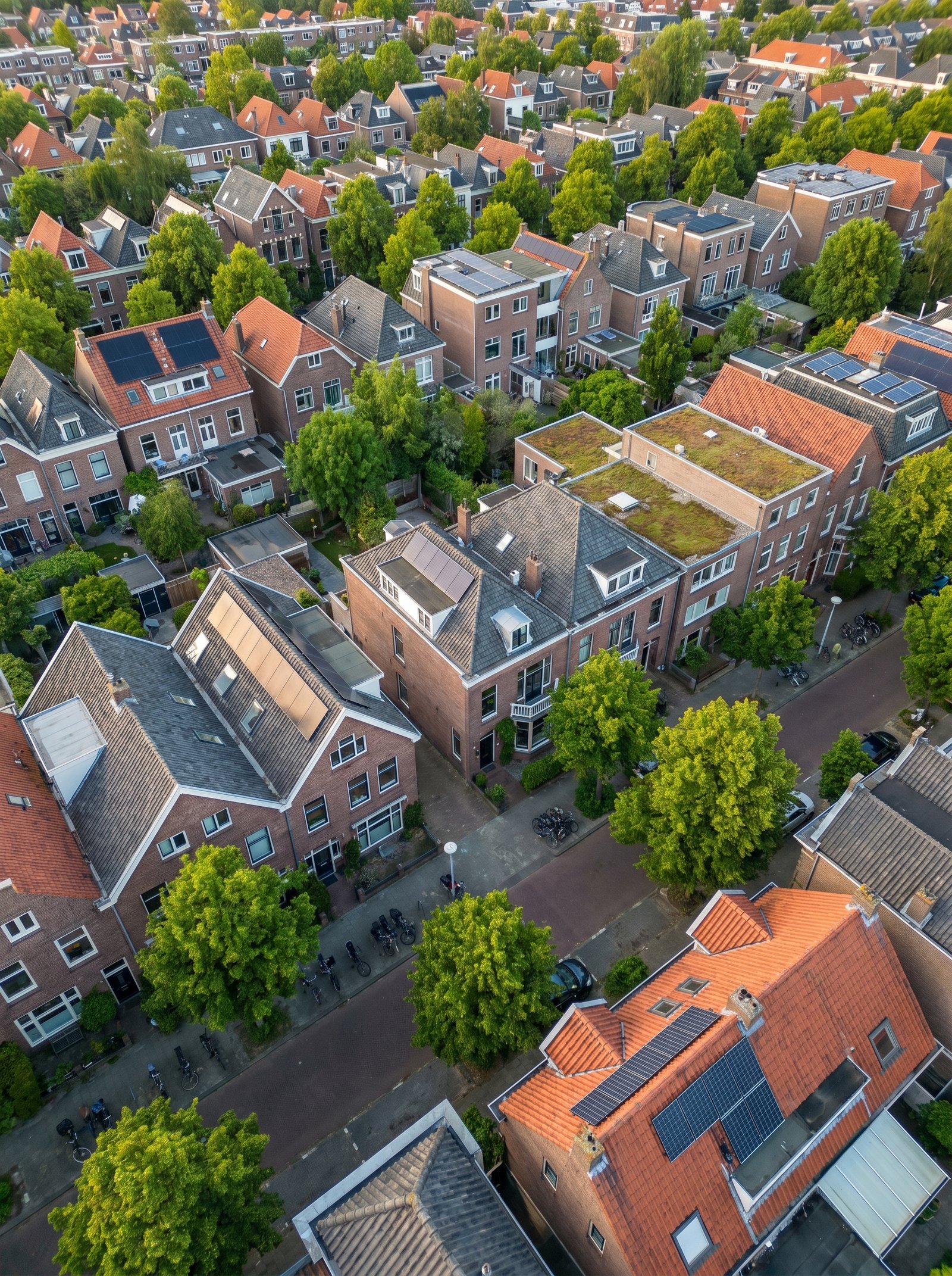 Drone luchtfoto van Nederlandse woonwijk met daken vol zonnepanelen — terugleverkosten 2026