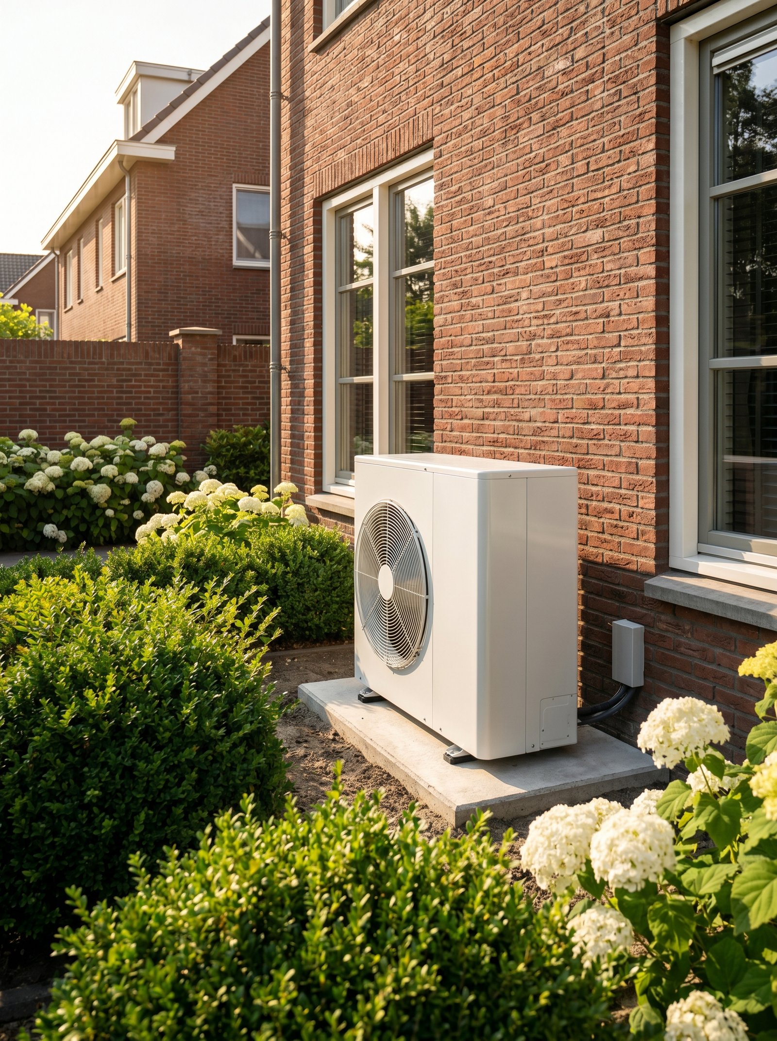 Witte buitenunit van lucht-water warmtepomp in achtertuin — ISDE-subsidie 2026