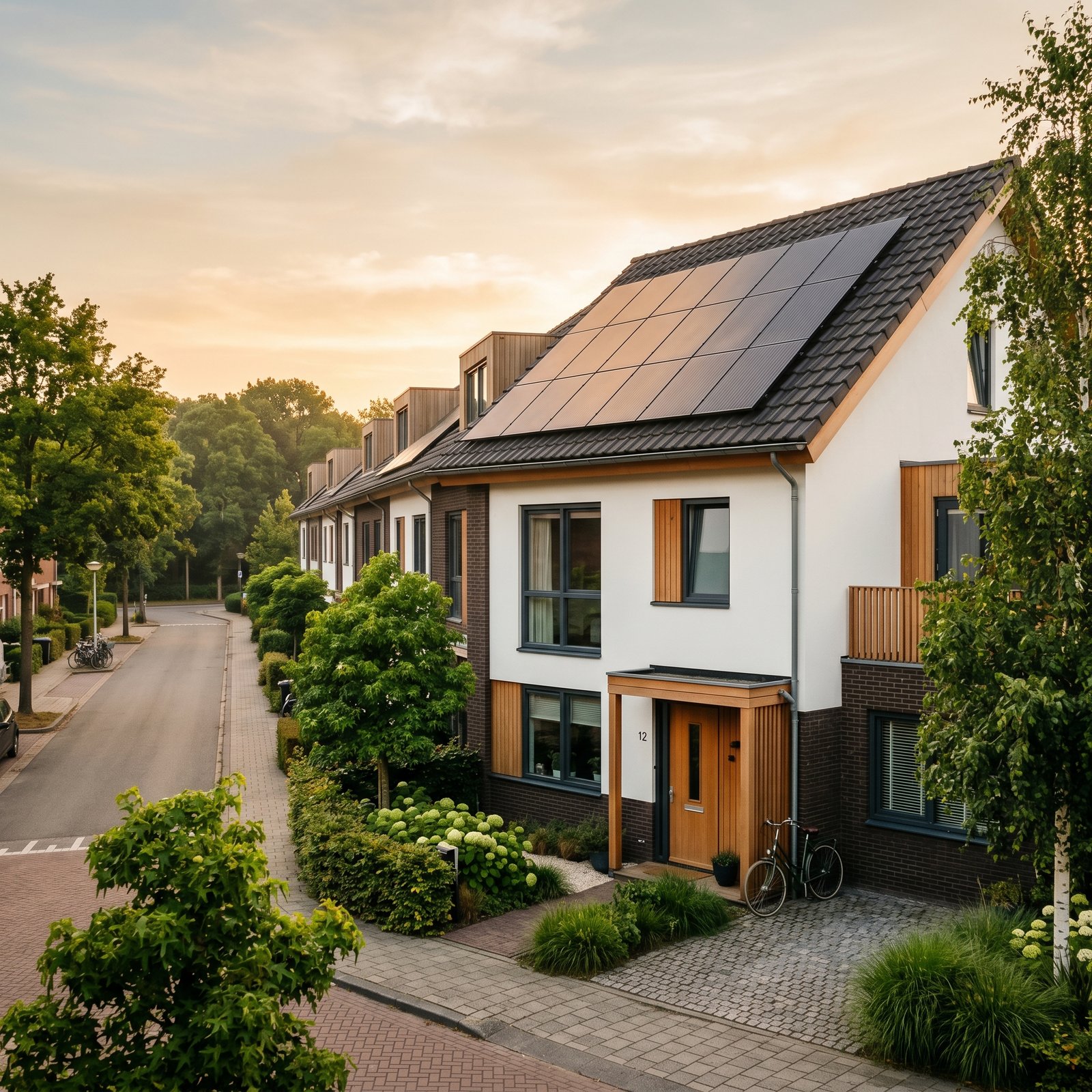 Modern Nederlands rijtjeshuis met zonnepanelen op het dak bij ochtendlicht