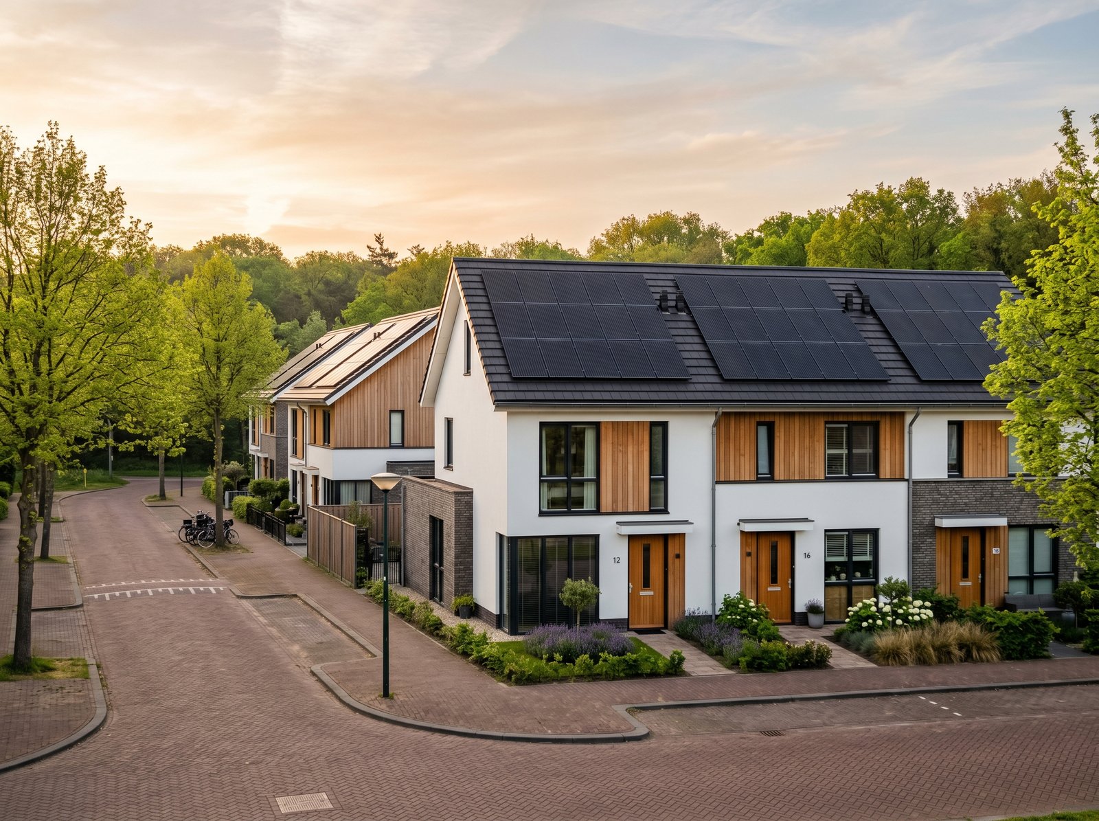Vinex-rijtjeshuizen met zonnepanelen onder gouden uur — saldering 2027 referentie-woningen
