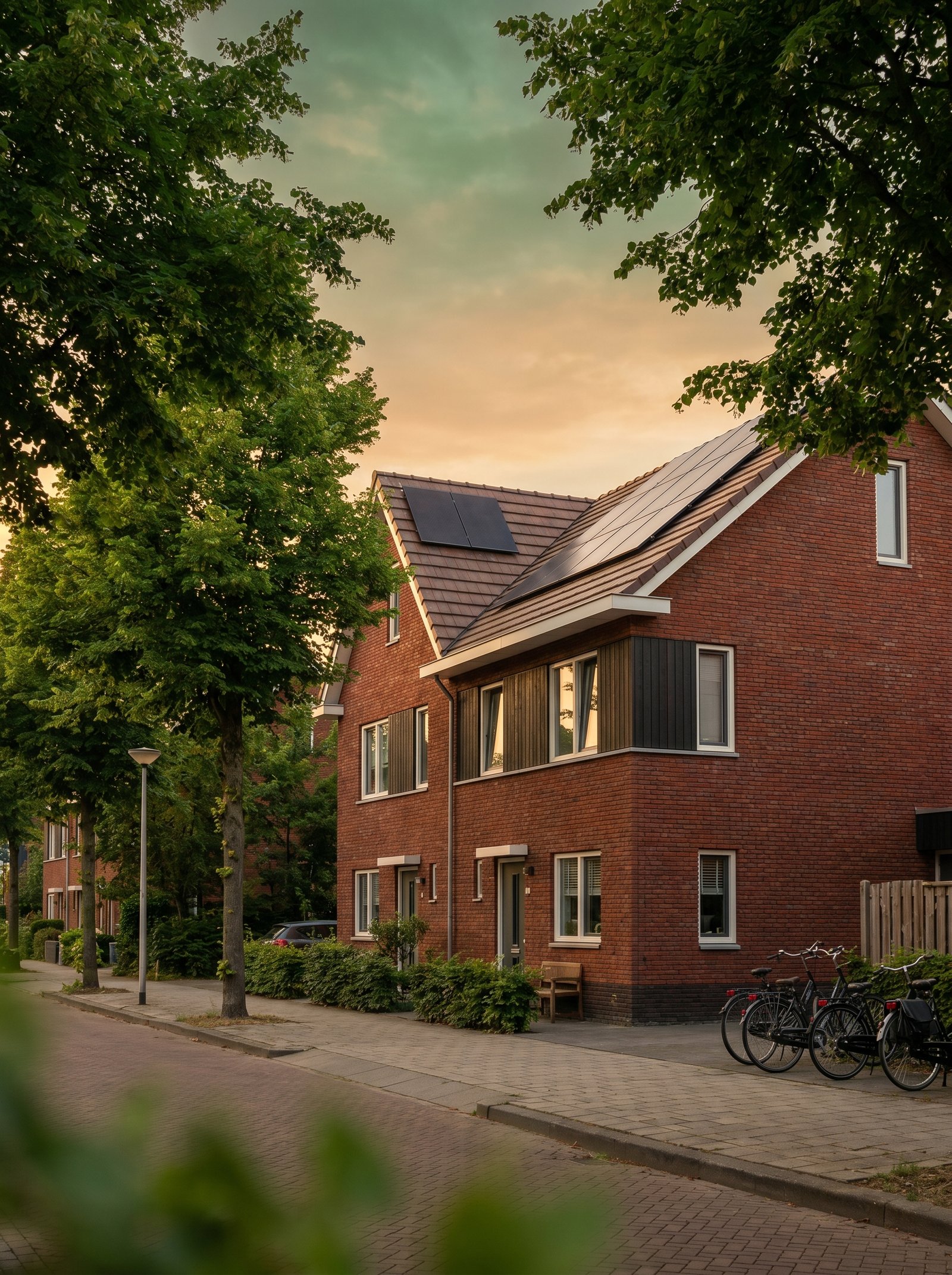 Bakstenen Nederlands huis met zonnepanelen bij zonsondergang
