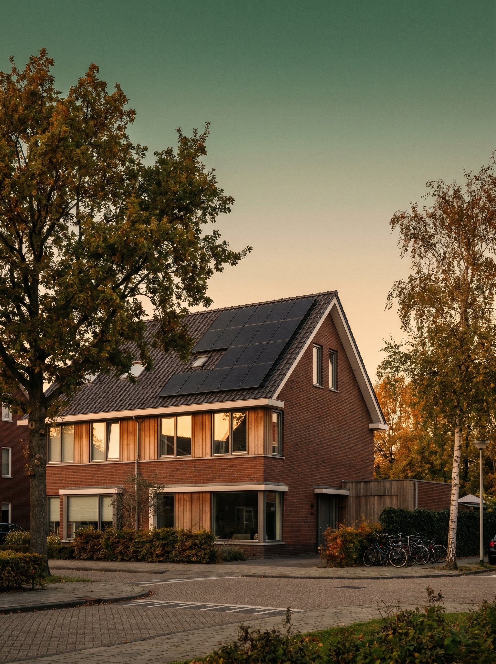 Nederlands huis met zonnepanelen bij avondrood — verduurzaming voorbeeldwoning