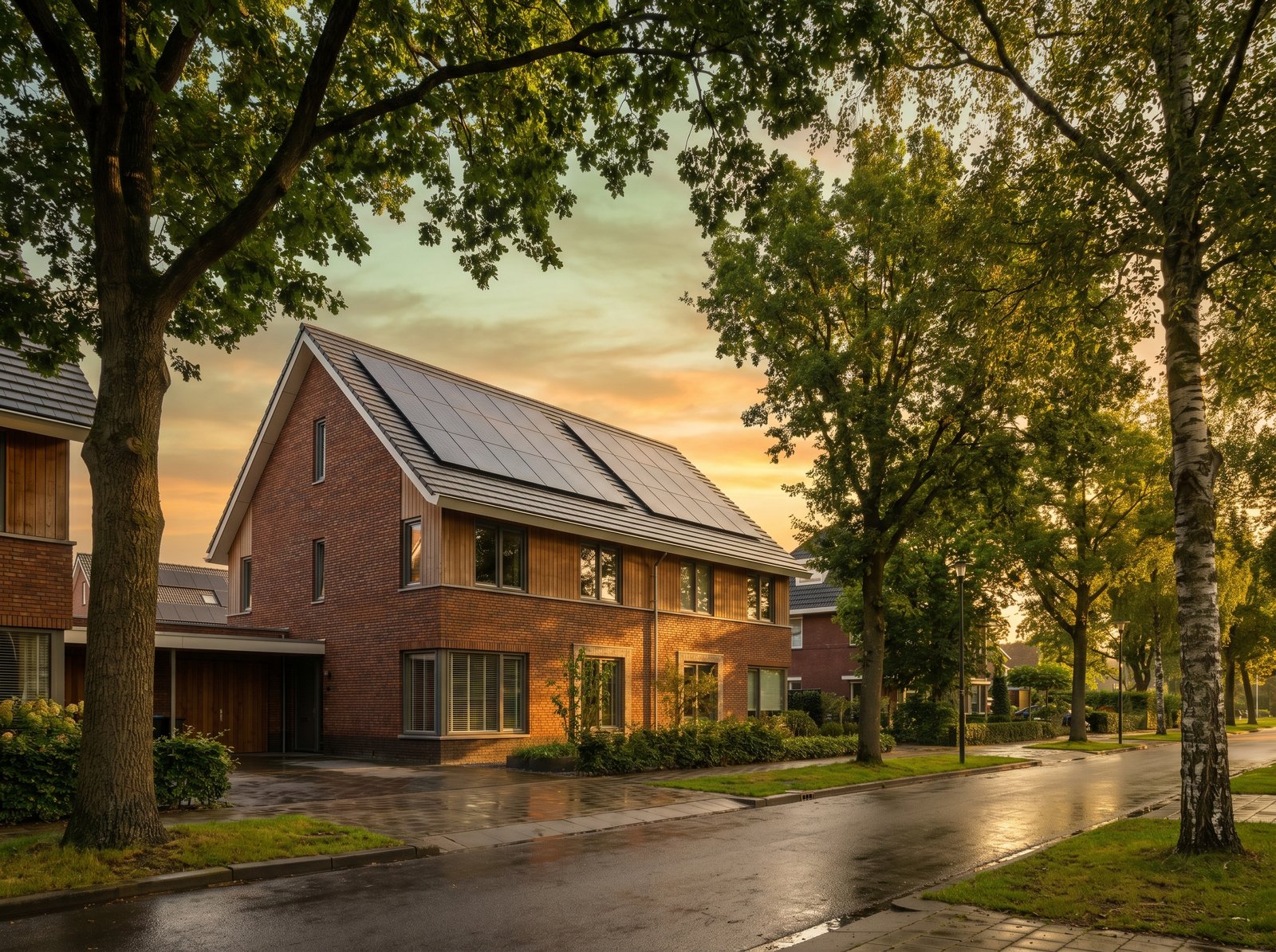 Twee-onder-een-kap met zonnepanelen en groene tuin