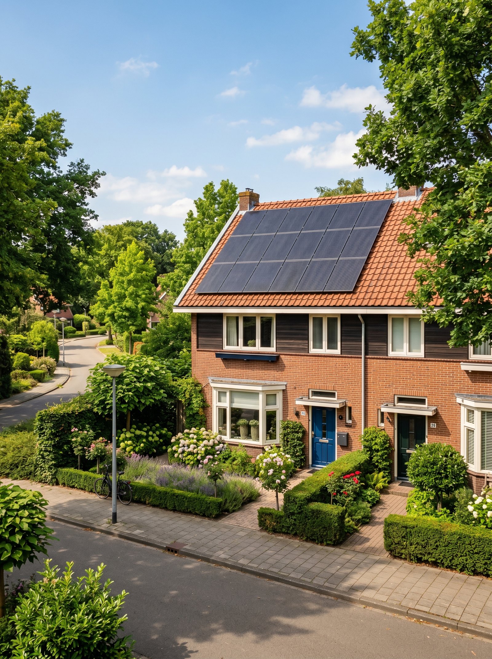 Nederlands tussenwoning met zonnepanelen bij gouden uur