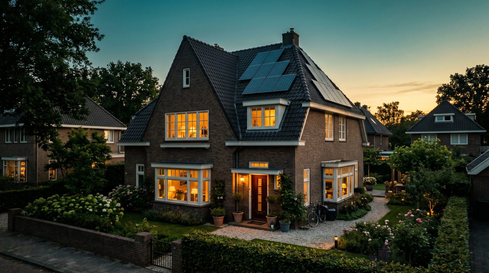 Nederlands huis in de avond met warme ramen
