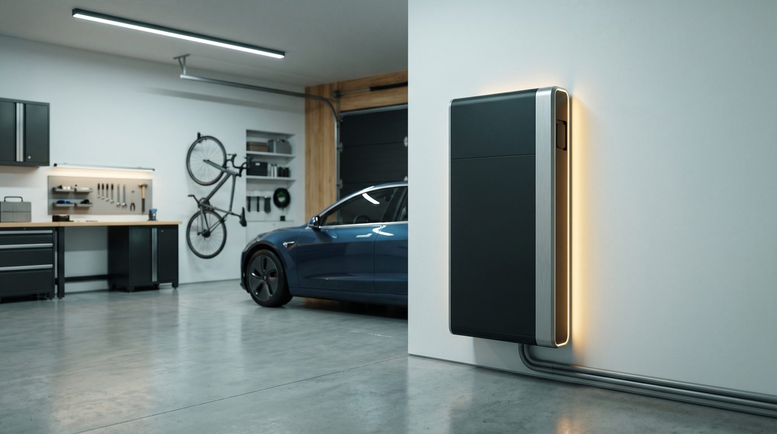 Moderne thuisbatterij in een nette garage