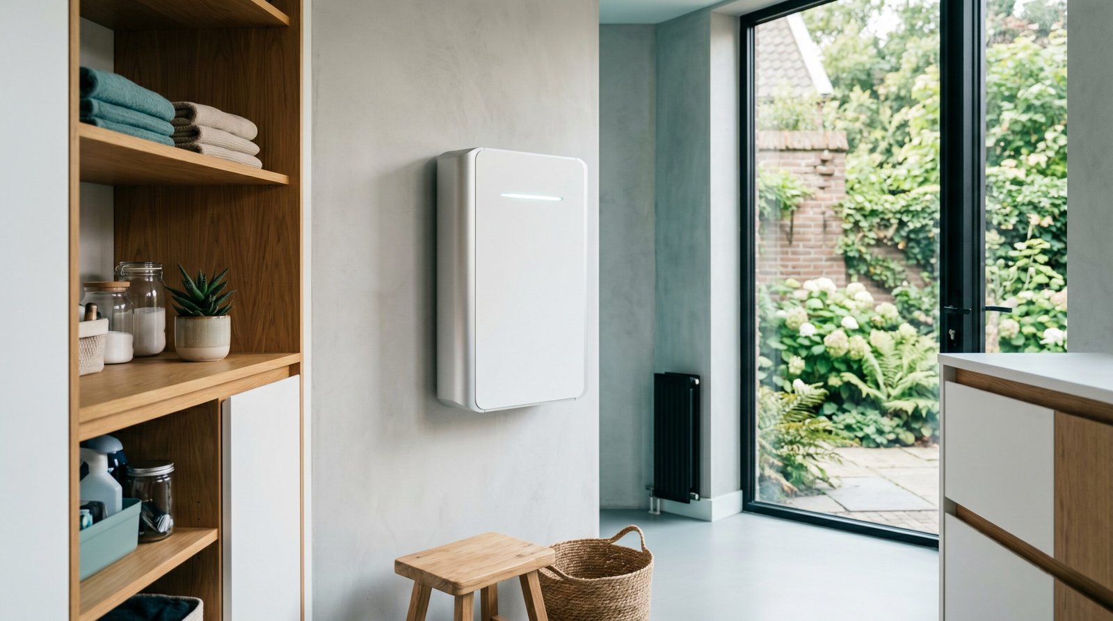 Thuisbatterij van 10 kWh aan de muur