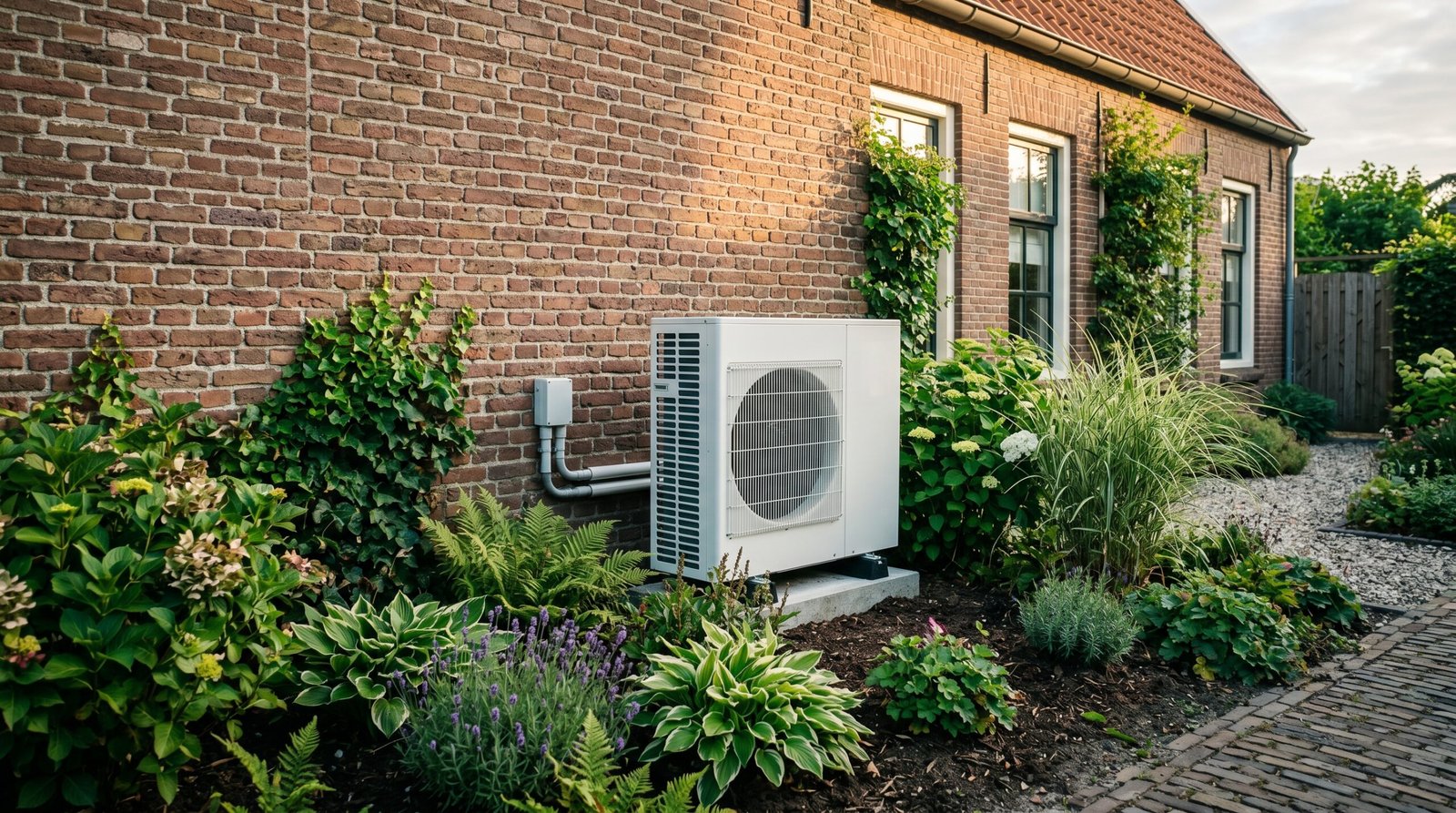 Warmtepomp buitenunit tegen een gevel