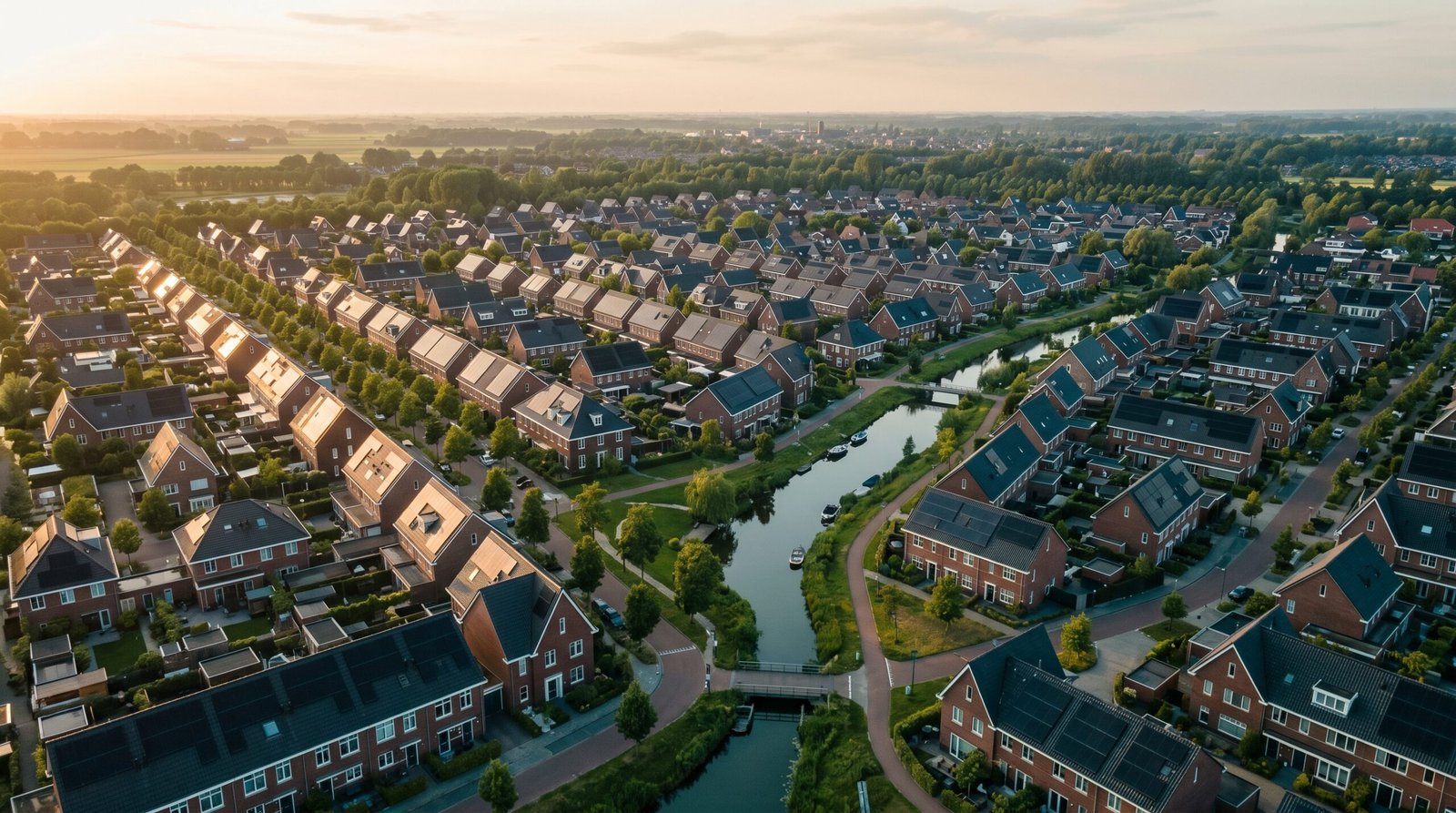 Nederlandse wijk met zonnepanelen vanuit de lucht